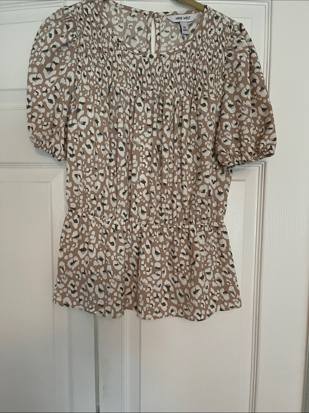 Nine West Taupe, White and Black Leopard Print Peplum Blouse